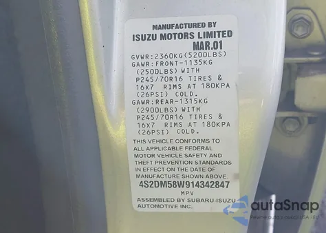 2001 Isuzu Rodeo Ls 3.2L/Ls 3.2L V6/Lse 3.2L V6/S/S 3.2L V6 z USA, uszkodzony, nr VIN 4S2DM58W914342847